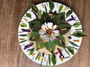 A plate with a variety of green leaves and orange, purple, white and yellow petals arranged in a radial pattern.
