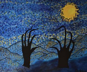 A painting with dark, claw-like hands emerging from an abstract, blue landscape. A yellow moon is in the top right corner.