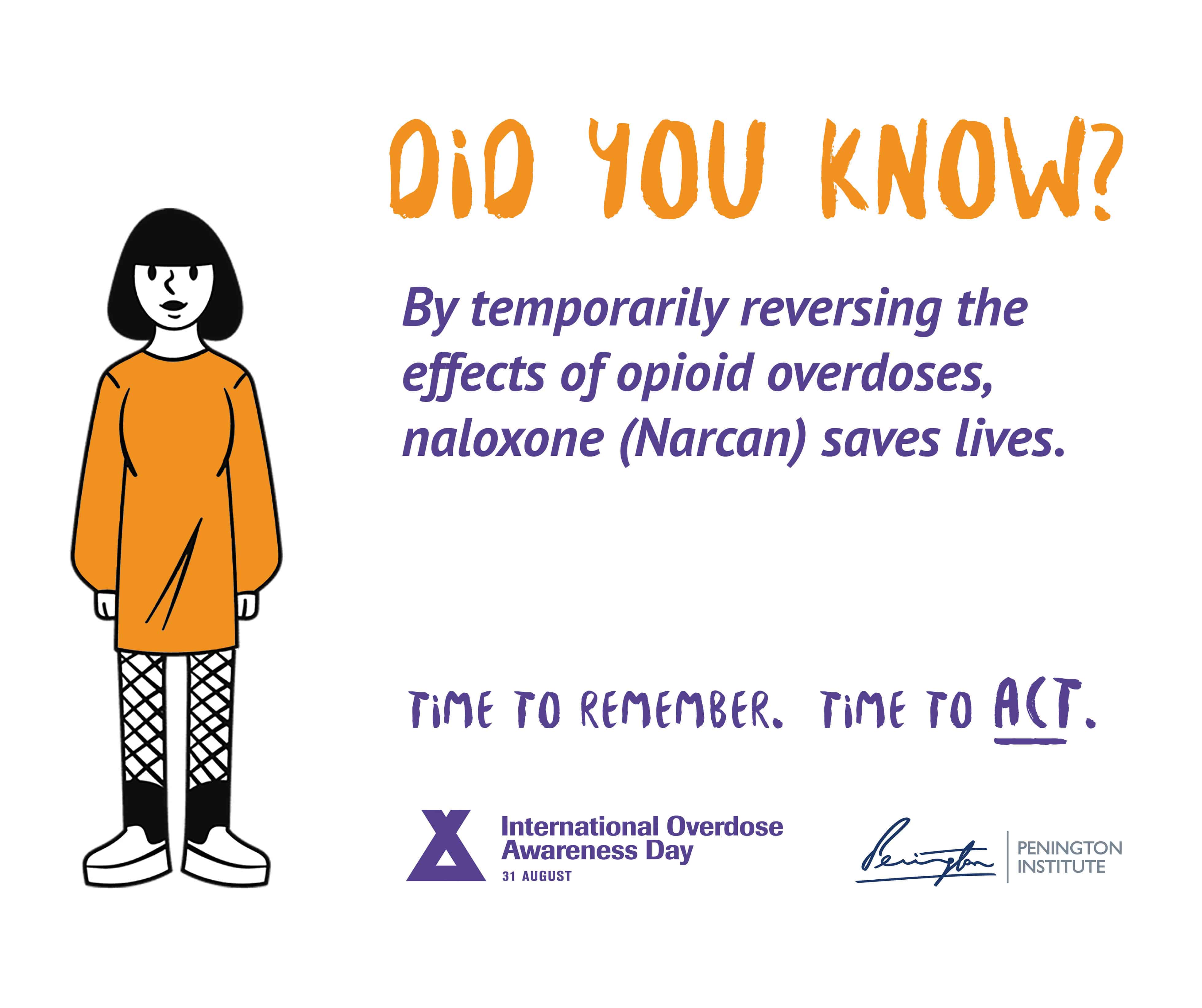 A graphic from International Overdose Awareness Day and the Penington Institute. Heading reads "DID YOU KNOW?" Text underneath reads: "By temporarily reversing the effects of opioid overdoses, naloxone (Narcan) saves lives. Time to remember. Time to act." A drawing of a person in an orange jumper stands alongside.