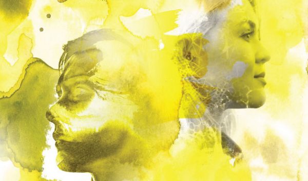 Windana Annual Report 2020-21 cover. Two faces are amongst swirly yellow watercolour art.