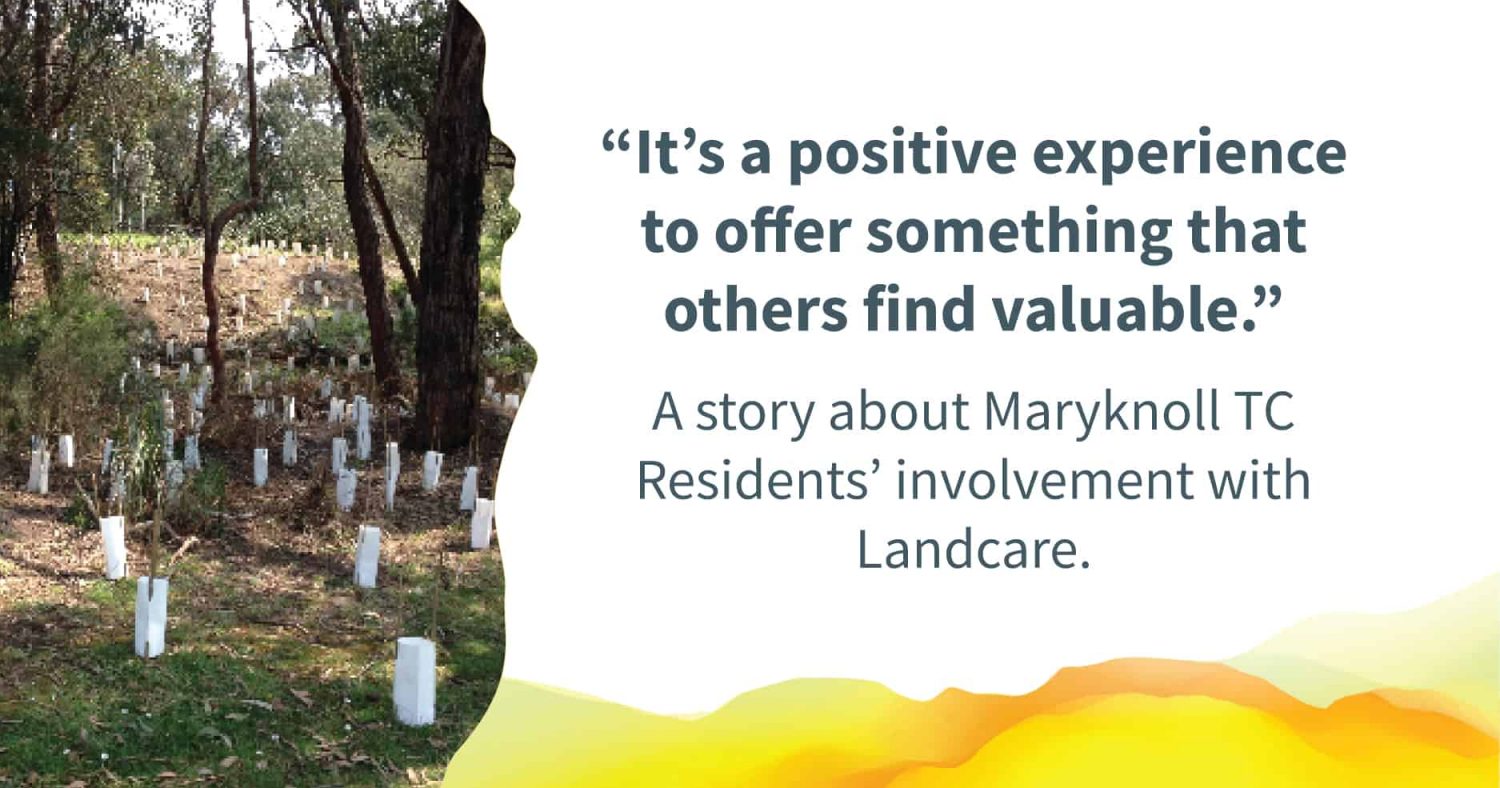Small seedings planted on a hillside. Quote alongside reads: "It's a positive experience to offer something that others find valuable." Text below reads: "A story about Maryknoll residents' involvement in Landcare."