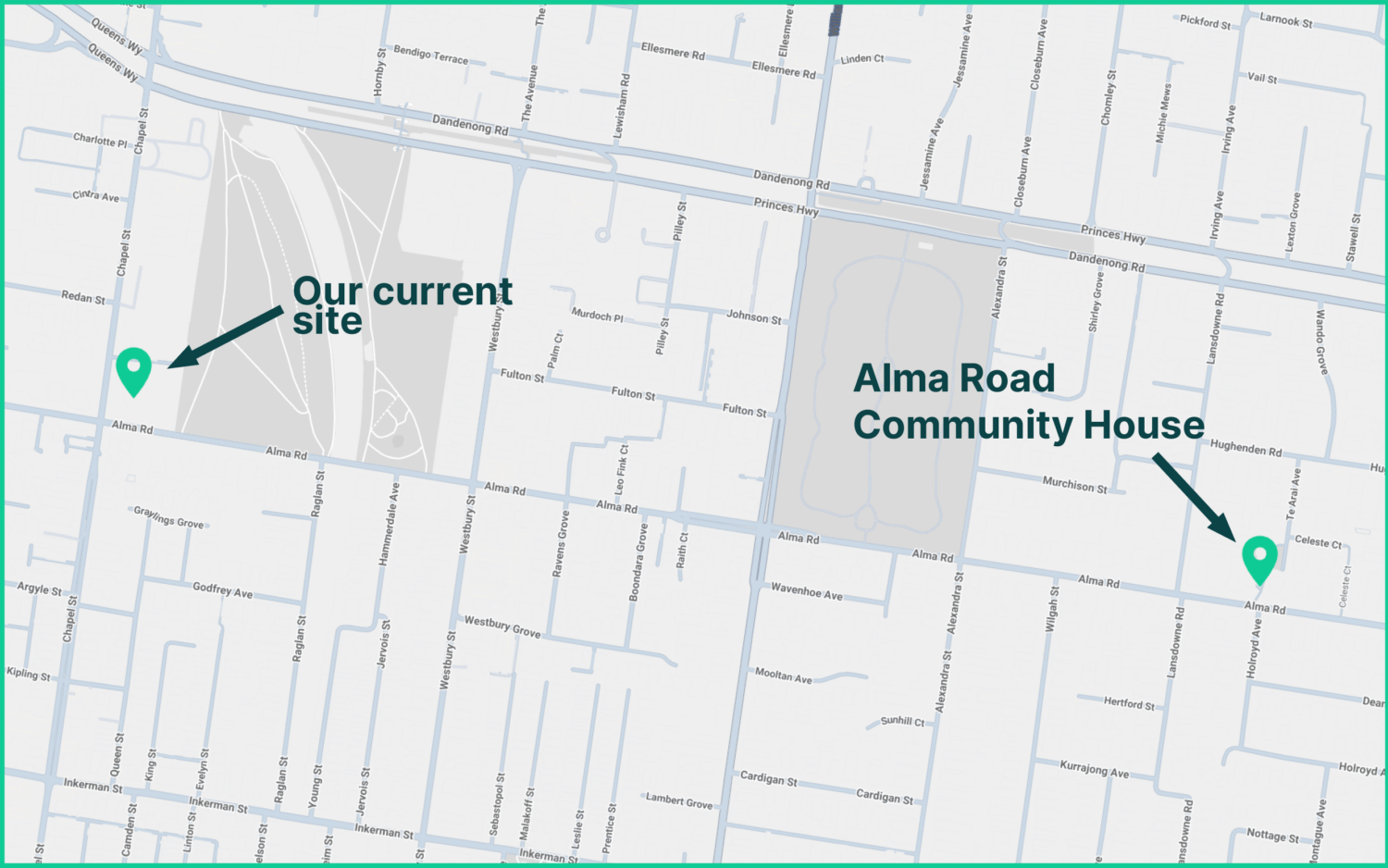 A map with the location of our older site (88 Alma Road) at left, and the location of Alma Road Community House (200 Alma Road), where we will now deliver the same services from, at right.