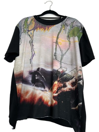 <b>Title: </b>Surfer<br /><b>Artist: </b>Sony<br /><b>Description: </b>Large t-shirt (purchased) with additional original artwork. My work is about aspects of the land and the moody light of the inner country, and salt water country.<br /><b>Medium: </b>Cotton t-shirt, fabric paints<br /><b>Price: </b>$50 <br /><b>Artist Comments: </b>I love attending the St Kilda Community Studio Art Therapy group. The social aspect is really important for me, due to having a solitary life. Sandra has been invaluable and has endeavoured to supply everything I need.<br /><br />