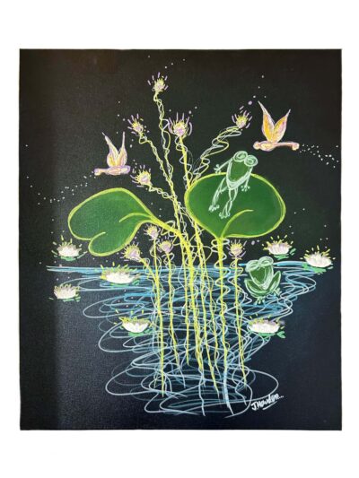 <b>Title: </b>Frog Pond<br /><b>Artist: </b>Joanne<br /><b>Description: </b>A frog pond with dragon flies and lillies. All the magic of a lilly pond with its natural beauty, frogs and dragon flies.<br /><b>Medium: </b>Acrylic on canvas <br /><b>Price: </b>$160 <br /><b>Artist Comments: </b>I love it. Very comfortable attending and enjoying everyone's company. Sandra is a brilliant guide. <br /><br />