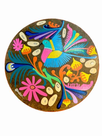 <b>Title: </b>Bird of Paradise<br /><b>Artist: </b>Joanne<br /><b>Description: </b>Round wooden board in amate style and flowers (inspired by Mexican folk art)<br /><b>Medium: </b>Acrylic on wooden board<br /><b>Price: </b>SOLD<br />