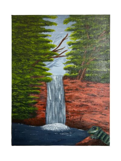 <b>Title: </b>Clean and Serene Falls <br /><b>Artist: </b>Lisa<br /><b>Description: </b>Waterfall and bearded dragon sitting on a rock. A peaceful place to hear the sounds of nature. <br /><b>Medium: </b>Acrylic on canvas <br /><b>Price: </b>$120 <br /><b>Artist Comments: </b>I love learning through art. <br /><br />
