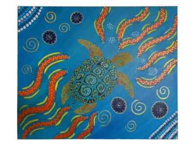 <b>Title: </b>Ocean Turtle<br /><b>Artist: </b>Lisa<br /><b>Description: </b>Dot style painting (non-Indigenous). The turtle represents myself freely swimming in the ocean. Cold water swimming at the beach has worked wonders for my recovery.<br /><b>Medium: </b>Acrylic on canvas <br /><b>Price: </b>$200 <br /><b>Artist Comments: </b>I love attending the program and expressing myself through art. It's like a form of meditation for me. <br /><br />